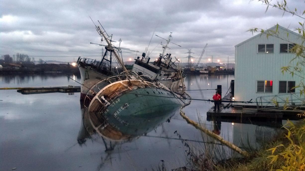 A pair of derelict boats are partially submerged and listing early Friday on the Hylebos Waterway in Tacoma. The 167-foot Helena Star, front, sank early Friday while the 130-foot Golden West, tied to the other ship, was listing.