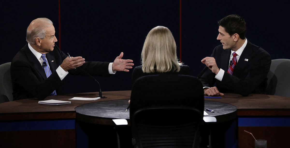 Vice President Joe Biden and Republican vice presidential nominee Paul Ryan spar during the vice presidential debate at Centre College on Thursday in Danville, Ky.