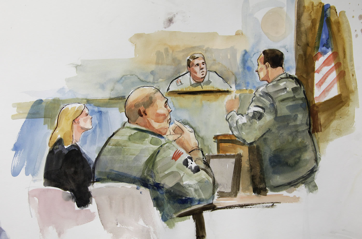 Photos by Lois Silver/Associated Press
In this courtroom sketch, U.S. Army Staff Sgt. Robert Bales, front, and Emma Scanlan, left, his civilian attorney, listen to military prosecutor Maj. Rob Stelle, right, make his closing statements to Investigating Officer Col. Lee Deneke on Tuesday at Joint Base Lewis-McChord.