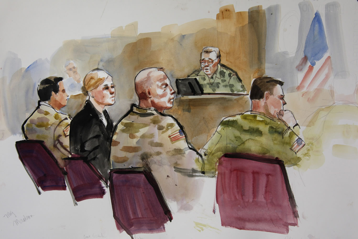 In this courtroom sketch, U.S. Army Staff Sgt. Robert Bales, third from left, is shown Monday during a preliminary hearing in a military courtroom at Joint Base Lewis McChord in Washington. Bales is accused of 16 counts of premeditated murder and six counts of attempted murder for a pre-dawn attack on two villages in Kandahar Province in Afghanistan in March 2012. At top is Investigating Officer Col.