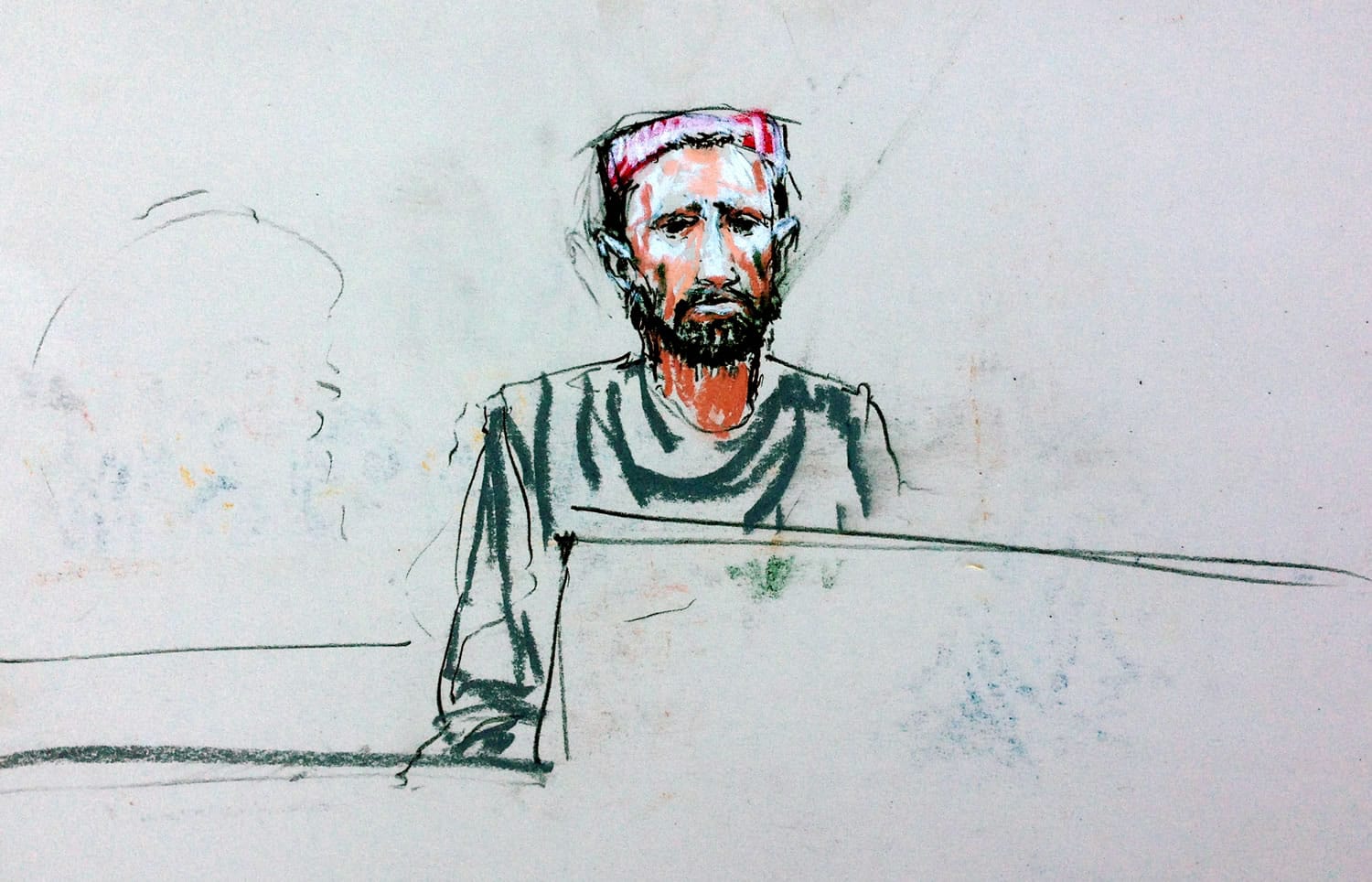 In this courtroom sketch, an Afghan man named Faizullah, about 30 years old, testifies in a courtroom at Joint Base Lewis-McChord on Tuesday about how his father, Haji Mohammad Naim, and brother Sadiquallah were shot and wounded when Staff Sgt. Robert Bales attacked their village in Kandahar Province.