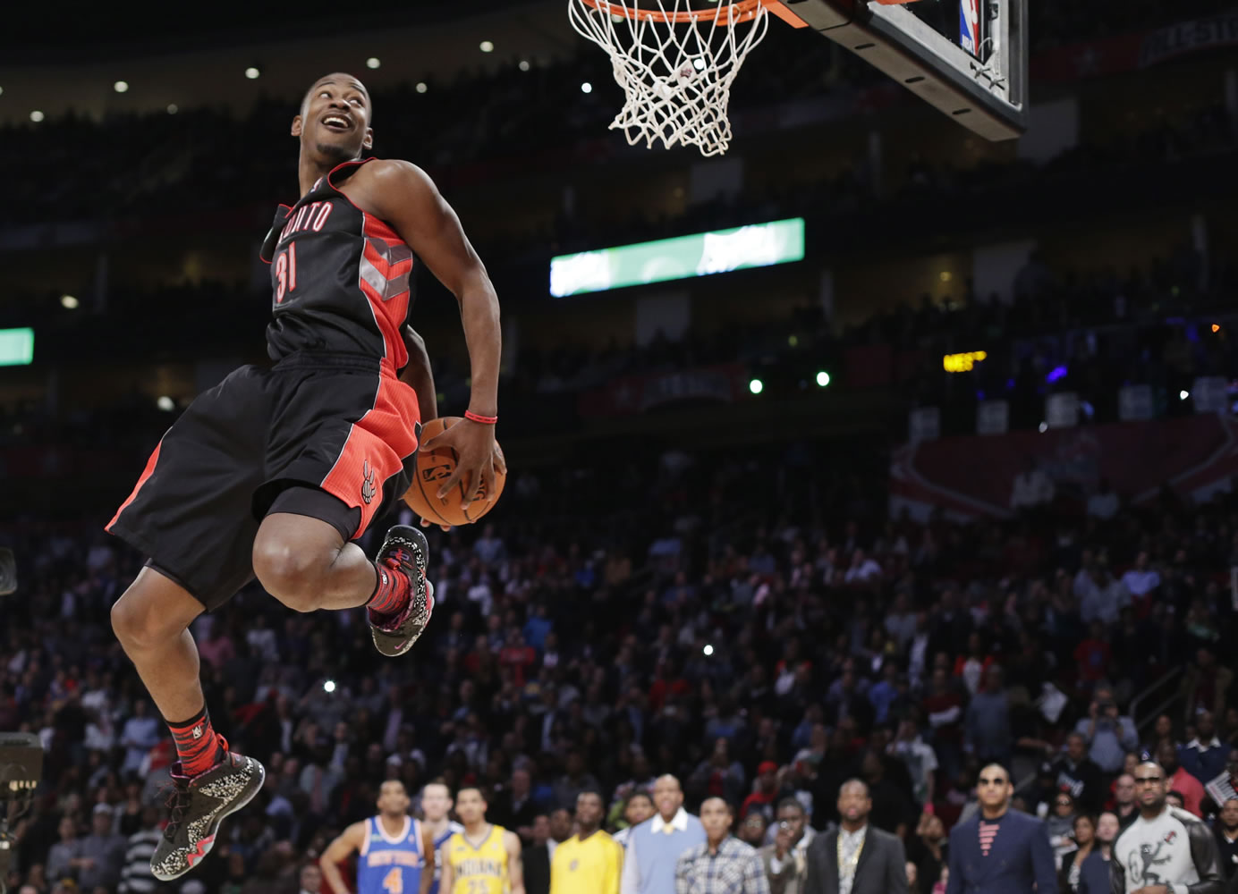 Terrence Ross of the Toronto Raptors won the slam dunk contest by circling the ball behind his back while executing a 360.