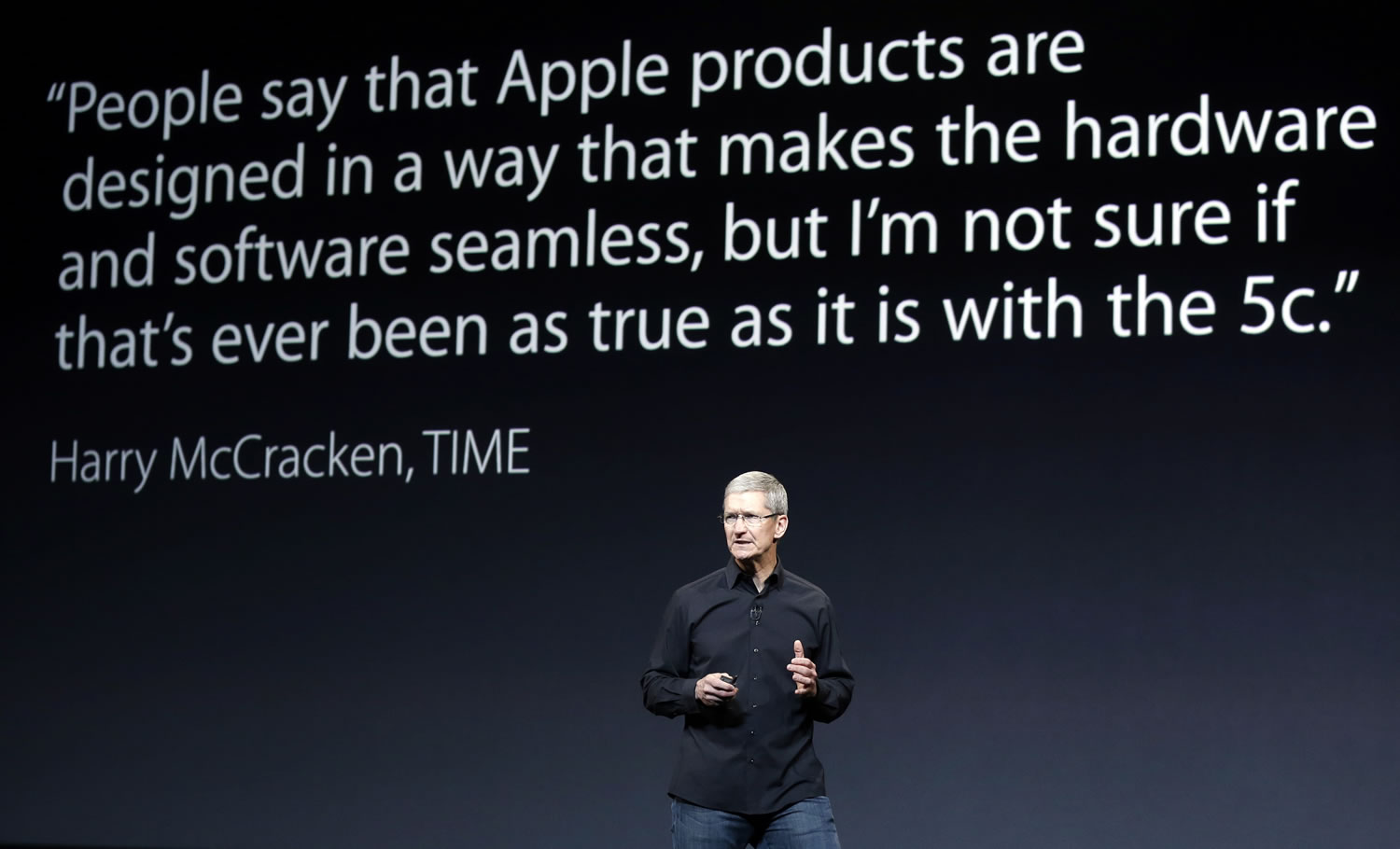 Apple CEO Tim Cook speaks on stage before a new product introduction on Tuesday in San Francisco.