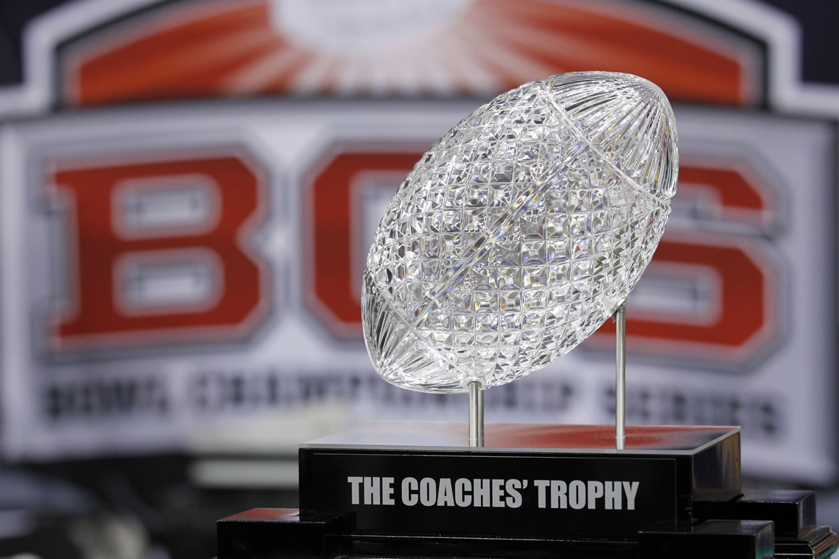 The Coaches' Trophy is displayed before the BCS National Championship game between the LSU and Alabama in New Orleans in January. College football will finally have a playoff.