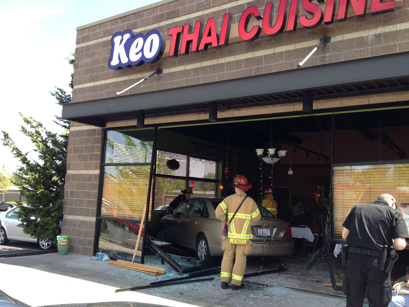 A 75-year-old woman crashed into the front of Keo Thai Cuisine,  1800 S.W Ninth Ave. in Battle Ground, about 12:30 p.m.