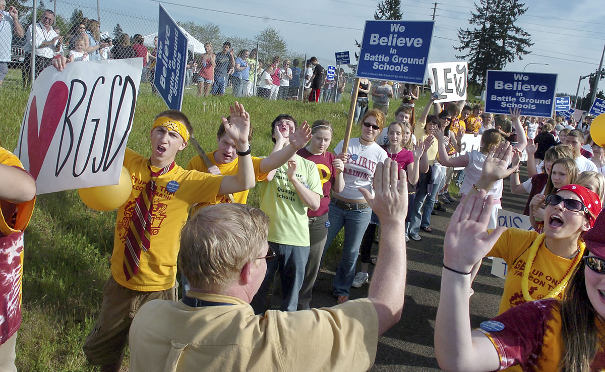 Prairie High School students greet a group from Battle Ground High School during a rally and walk  May 4, 2006, supporting a May 16 school levy vote. That levy failed to receive the required 60% supermajority both in May and three months earlier.