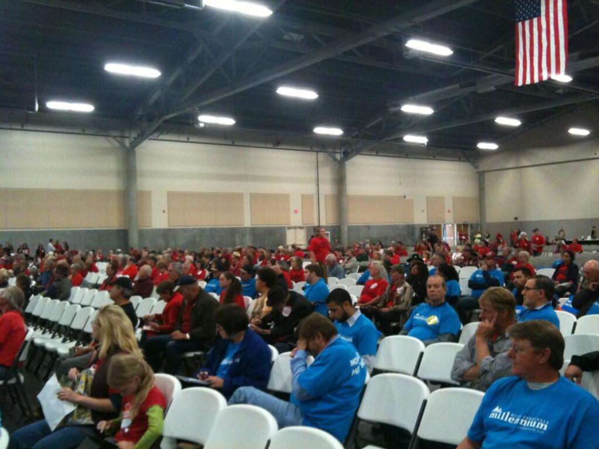 Supporters of a coal terminal in Longview wear blue shirts and opponents wear red in this photo taken about 5:15 p.m. today at the Clark County Events Center at the Fairgrounds.