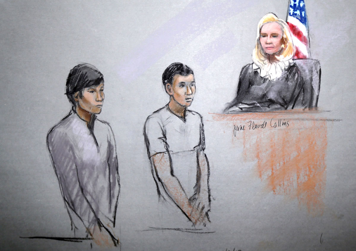 This courtroom sketch signed shows defendants Dias Kadyrbayev, left, and Azamat Tazhayakov appearing in front of Federal Magistrate Marianne Bowler at the Moakley Federal Courthouse in Boston on Wednesday.