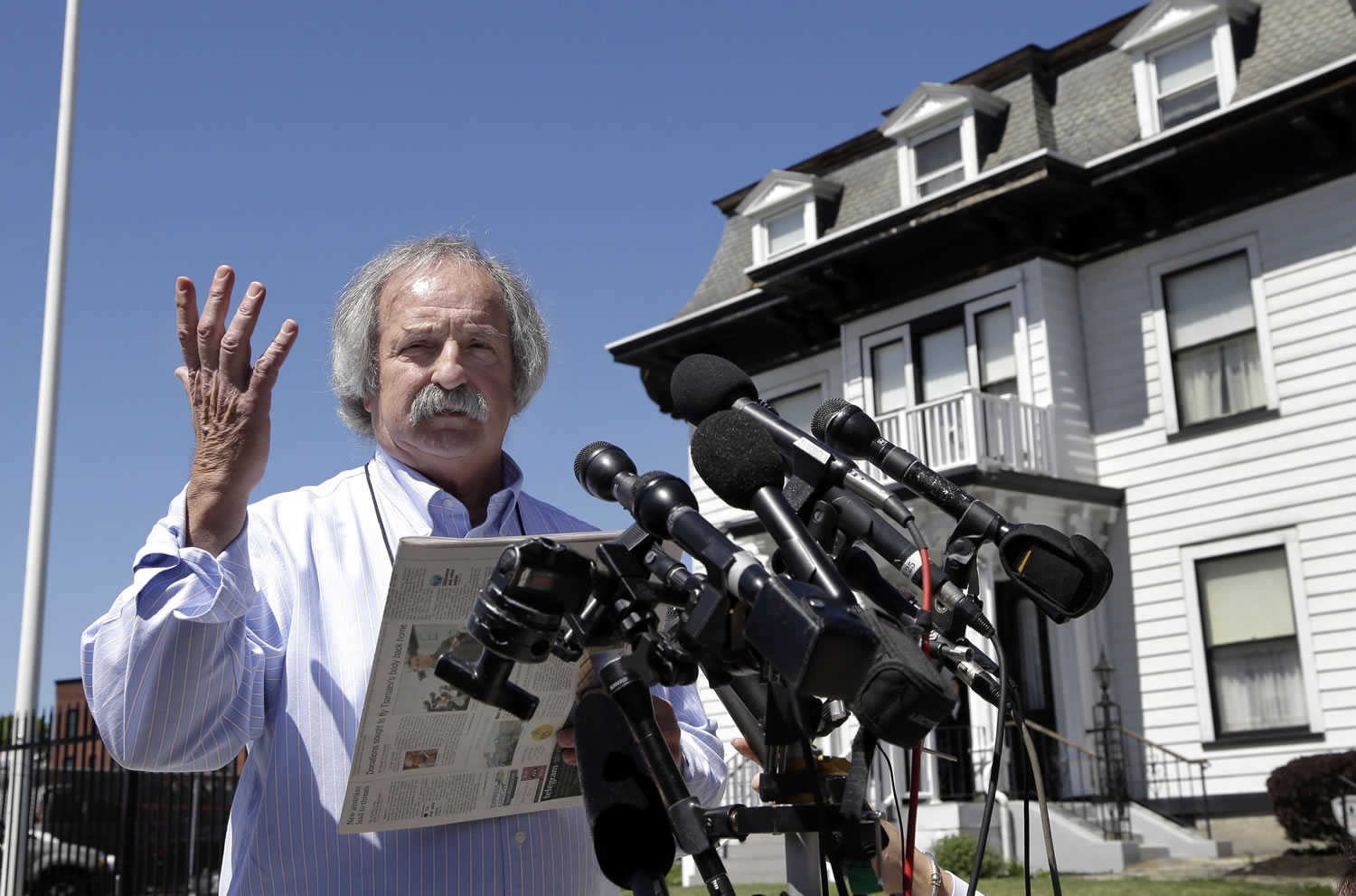 Worcester activist William Breault speaks at a news conference outside the Graham, Putnam &amp; Mahoney Funeral Parlors in Worcester, Mass., on Monday where the body of killed Boston Marathon bombing suspect Tamerlan Tsarnaev is being prepared for burial.