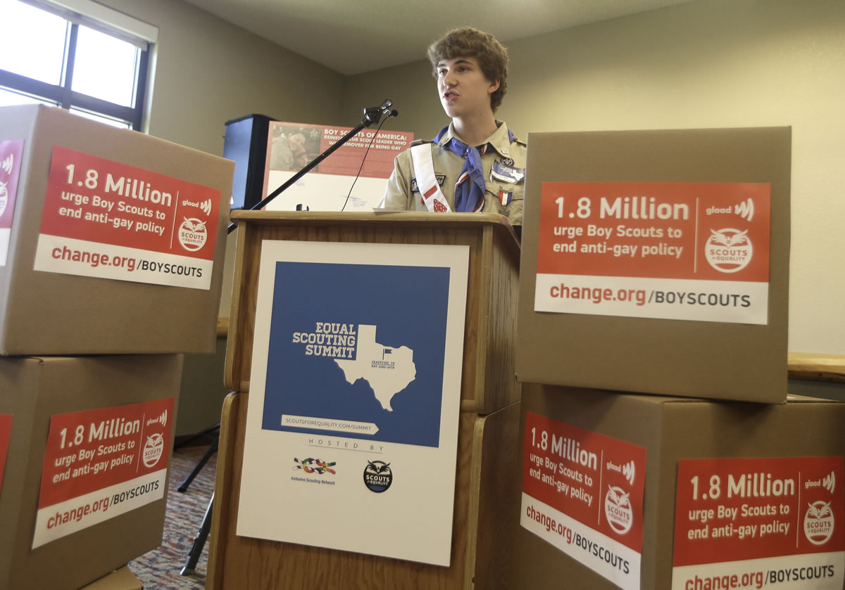 Boys Scout Alex Derr speaks out against anit-gay rules during the Equal Scouting Summit Press Conference being held near where the Boy Scouts of America are holding their annual meeting Wednesday in Grapevine, Texas.