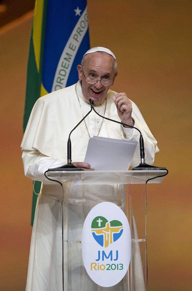 Pope Francis speaks during a welcome ceremony Monday in Rio de Janeiro.