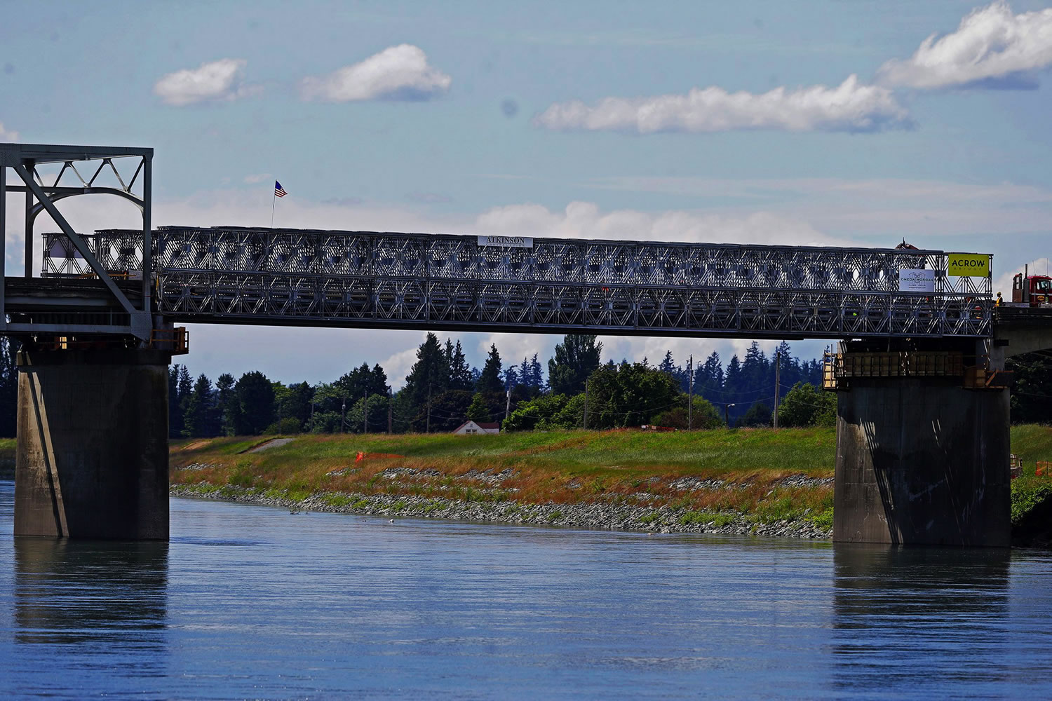 The temporary I-5 bridge constructed by Acrow Bridges is completed over the Skagit river.