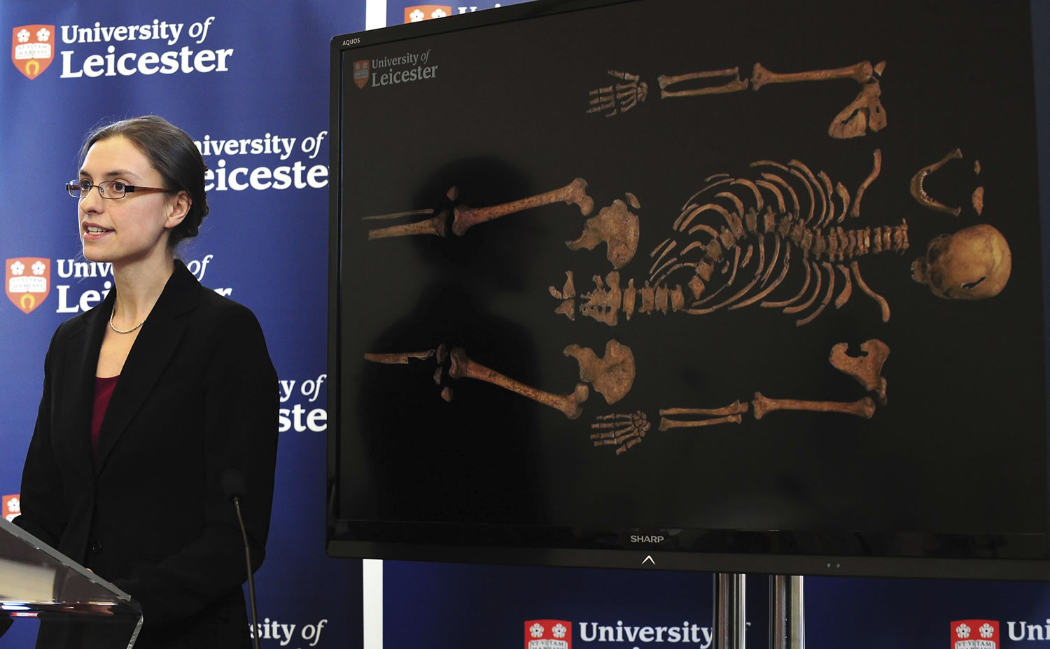Jo Appleby, a lecturer in Human Bioarchaeology at University of Leicester, School of Archaeology and Ancient History, who led the exhumation of the remains found during a dig at a Leicester car park, speaks at the university Monday.