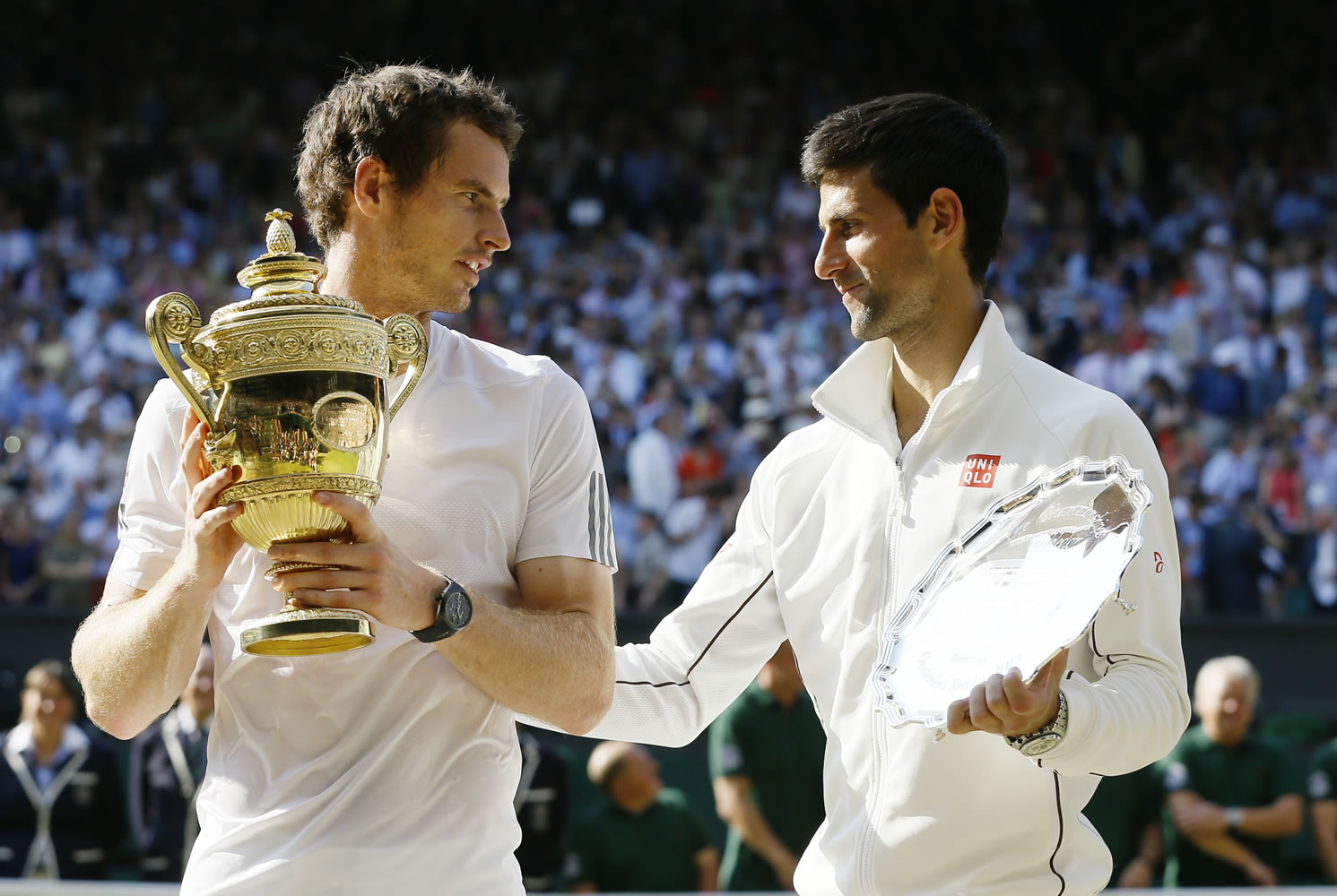 Andy Murray, left, and Novak Djokovic at the Wimbledon trophy presentation.