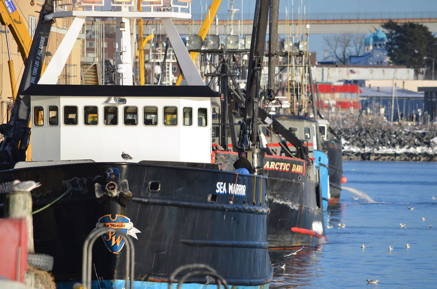 Fishing boats line the docks in January 2012 during crab season at Cannery Row in Kodiak, Alaska.