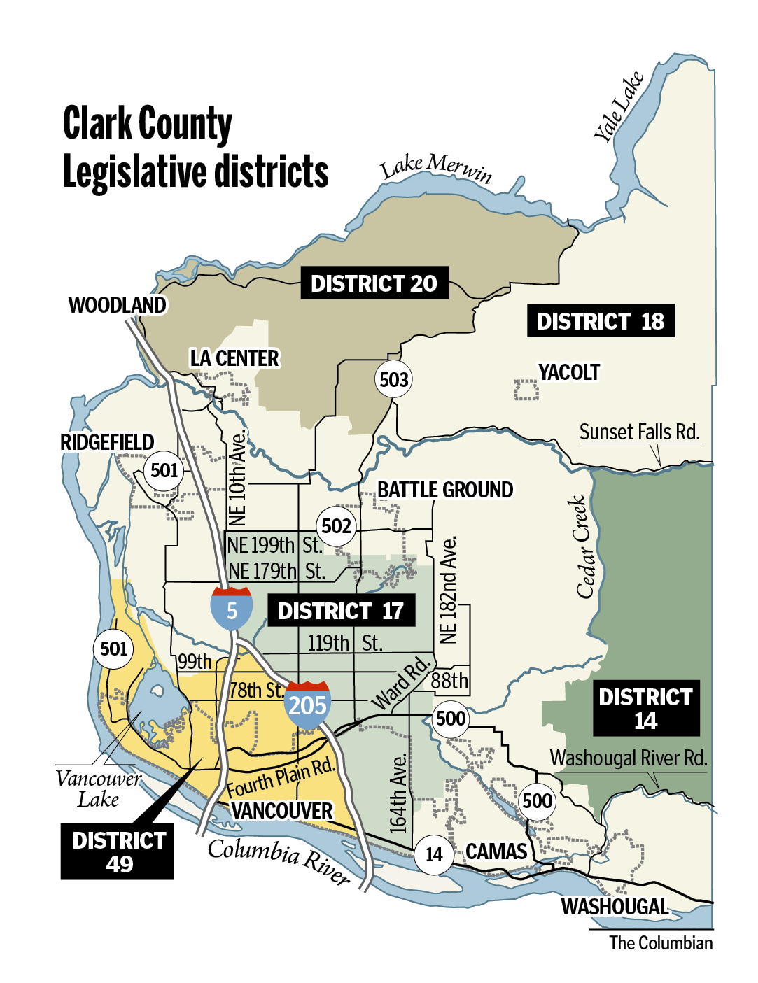 The legislative districts in Clark County include the 17th, 18th, 49th, 20th and 14th.