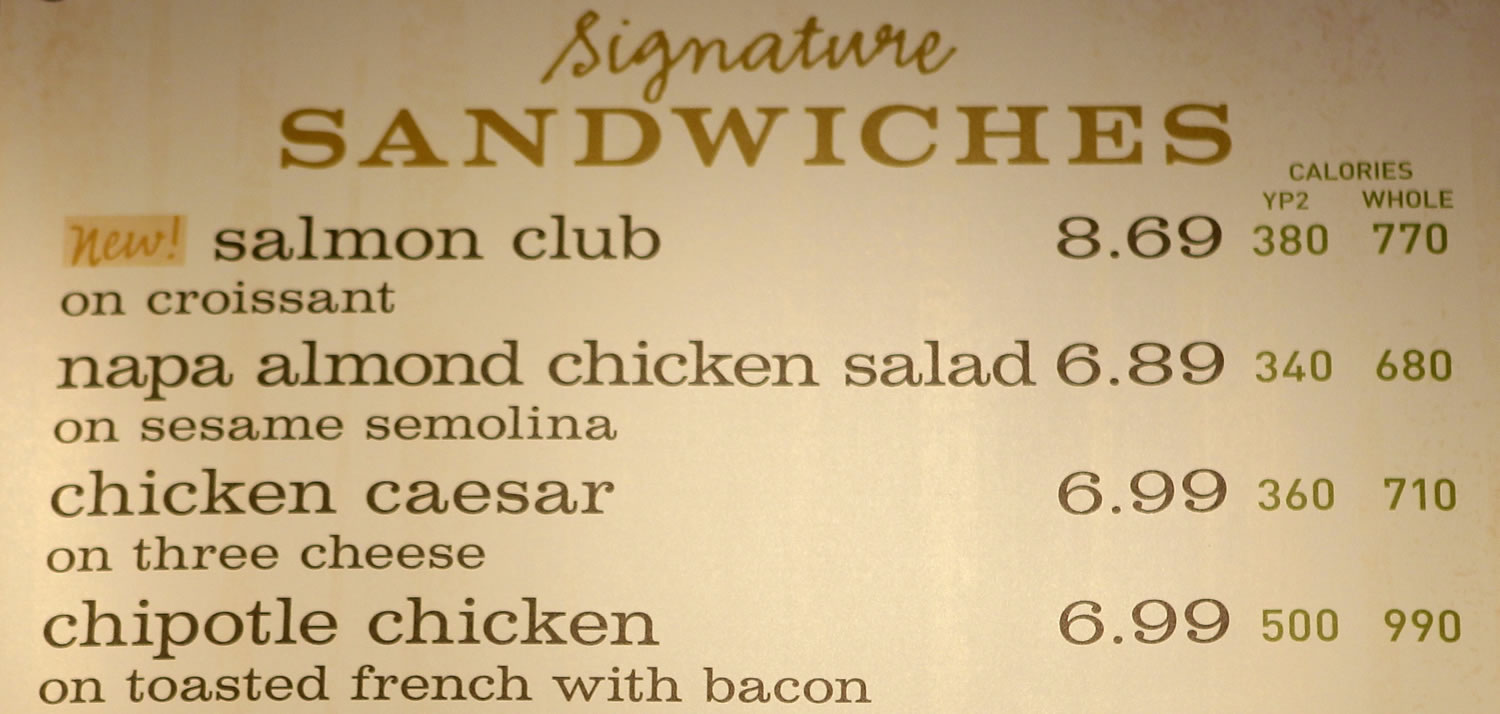 Associated Press files
The sandwich board at the Panera store in Brookline, Mass., shows the calorie count for each item.