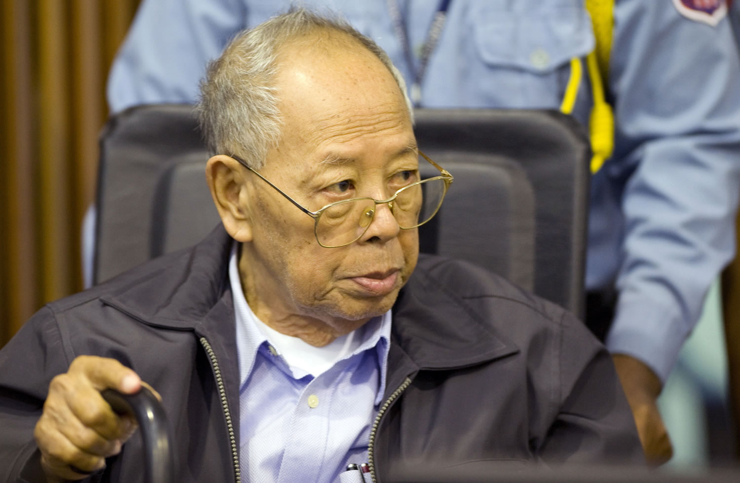 Former Khmer Rouge Foreign Minister Ieng Sary sits during the third day of a trial of the U.N.-backed war crimes tribunal in Phnom Penh, Cambodia. Ieng Sary co-founded Cambodia's brutal Khmer Rouge movement in 1970s, served as its public face abroad and decades later became one of its few leaders to face justice for the deaths of well over a million people. Sary died Thursday morning.