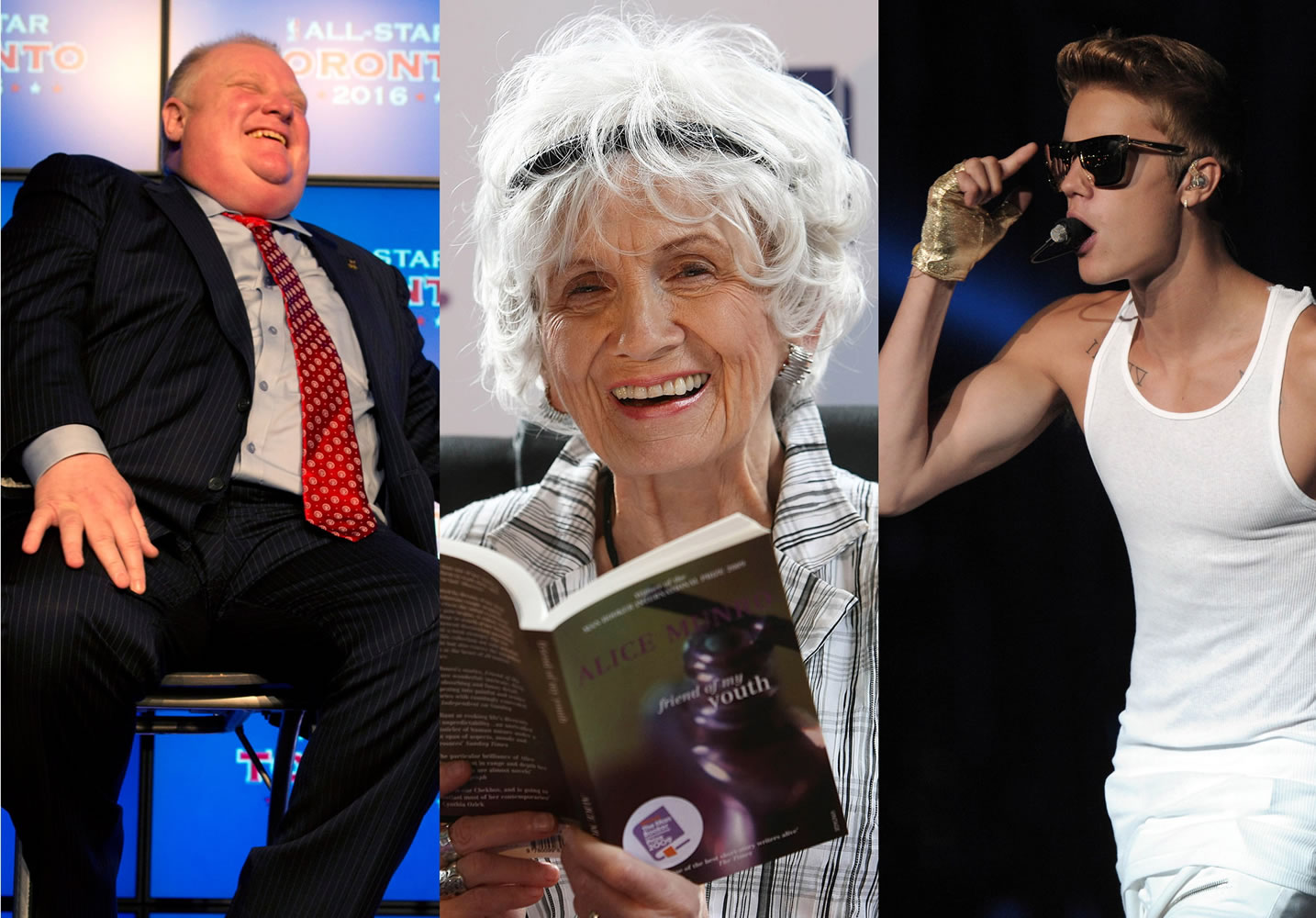 Files/Canadian Press
This combination of 2009 and 2013 photos shows Toronto Mayor Rob Ford, left, author Alice Munro, center, and singer Justin Bieber.