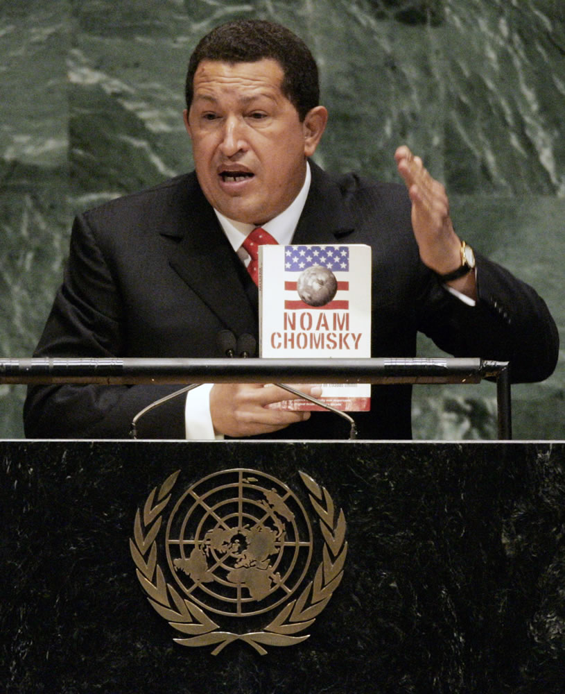 Venezuelan President Hugo Chavez holds a Spanish-language version of &quot;Hegemony or Survival: America's Quest for Global Dominance&quot; by Noam Chomsky while addressing the 61st session of the United Nations General Assembly at U.N. headquarters in 2006. During his address, Chavez, who often tried to cast himself as a champion of the American poor, called President George W.