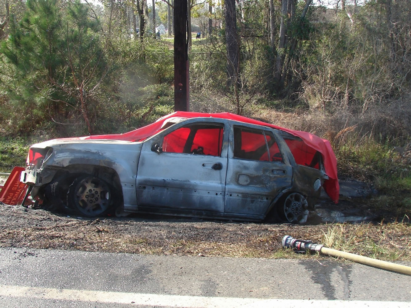 The scene of a 2012 crash in Bainbridge, Ga., where a 4-year-old boy named Remi Walden was burned and died when a Jeep Grand Cherokee was struck from the rear by a Dodge Dakota pickup truck.