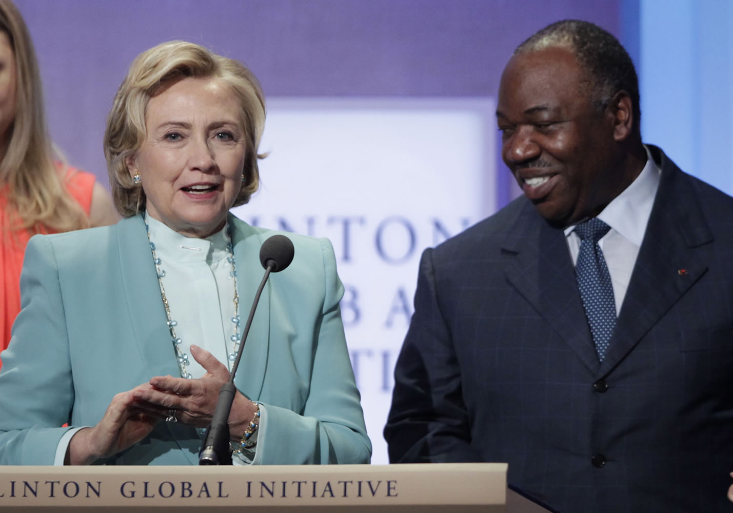 Former Secretary of State Hillary Rodham Clinton, left, is joined by Ali Bongo Ondimba, president of Gabon, at the Clinton Global Initiative, after announcing the Partnership to Save Africa's Elephants on Thursday in New York.