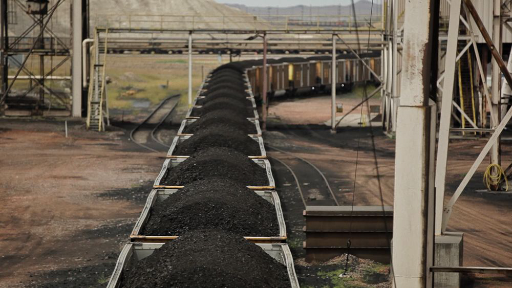 Coal trains being loaded at the Black Thunder Mine in the Powder River Basin.