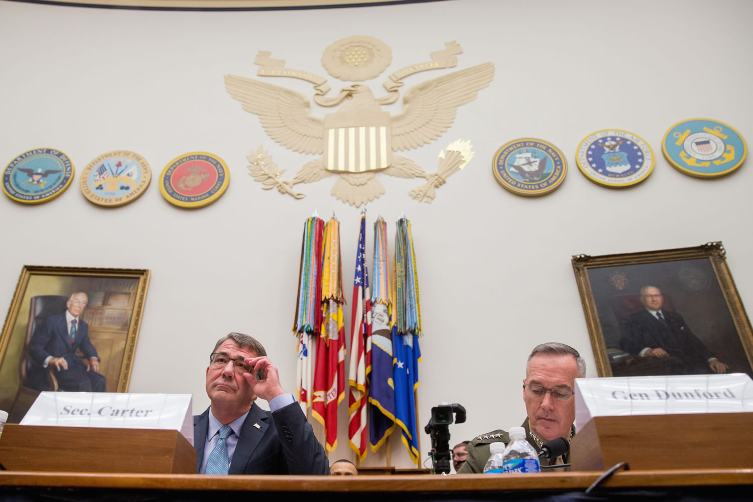 Defense Secretary Ash Carter, left, and Joint Chiefs Chairman Gen. Joseph Dunford Jr., appear on Capitol Hill in Washington on Tuesday before the House Armed Services Committee hearing on the U.S. Strategy for Syria and Iraq and its Implications for the Region.