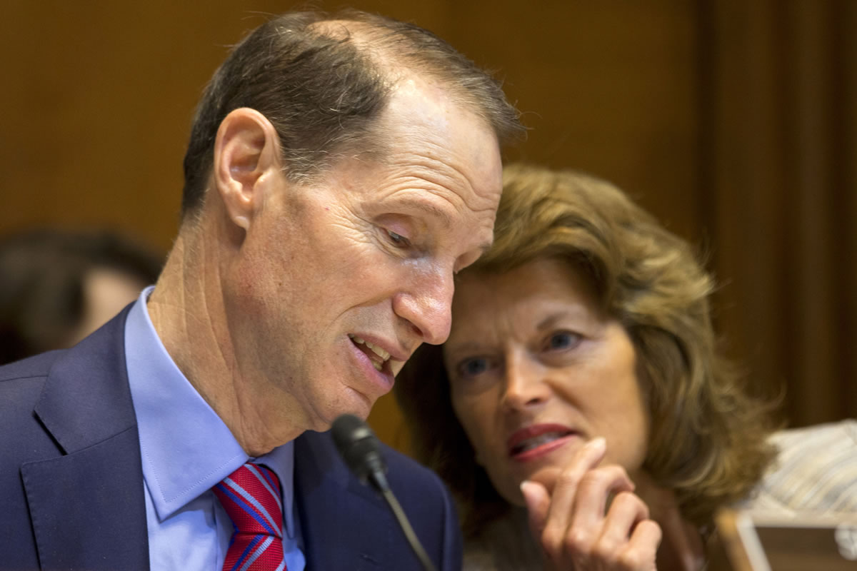 Senate Energy and Natural Resources Committee Chairman Sen. Ron Wyden, D-Ore., left, speaks with the committee's ranking Republican Sen.