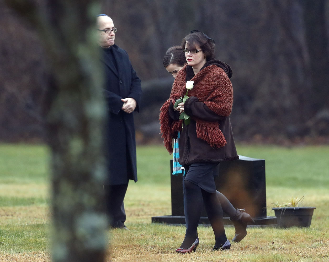 Veronique Pozner arrives at B'nai Israel Cemetery on Monday for burial services for her 6-year-old son, Noah Pozner.