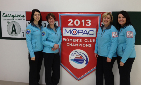 (left to right) Kendall Speten-Hansen of Portland, Kathy Placek of Vancouver, Yvonne Perceval of Brush Prairie, and Eleanor Robertson of Vancouver won a regional curling championship on Sunday.