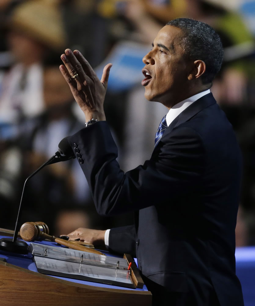 President Barack Obama speaks to delegates Thursday at the Democratic National Convention in Charlotte, N.C.