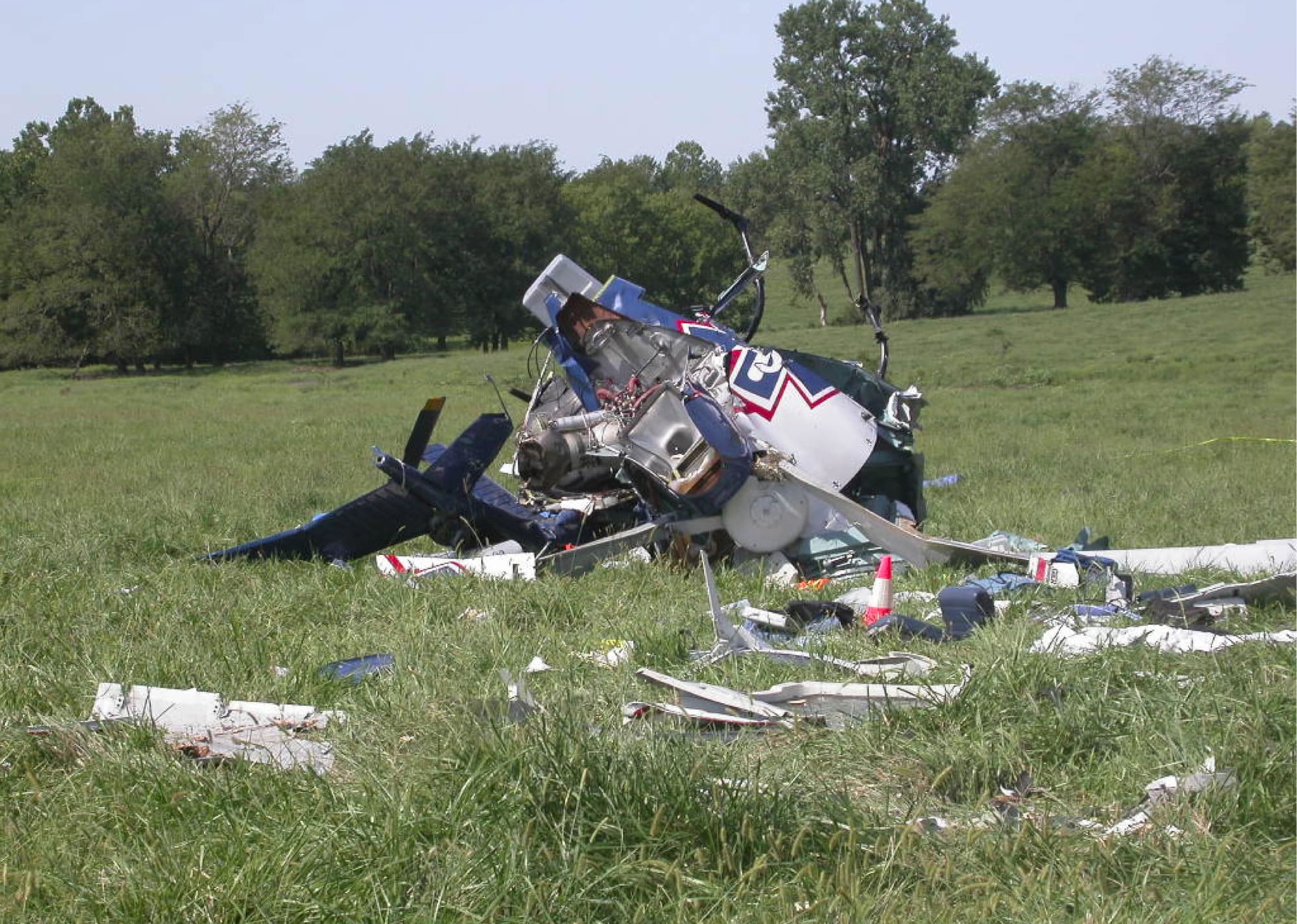 The wreckage of a helicopter that crashed near Mosby, Mo., on Aug. 26, 2011.