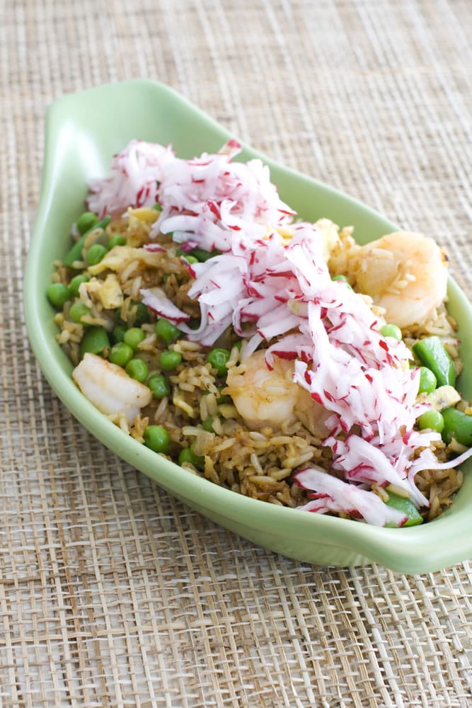 In this image taken on April 8, 2013, shrimp fried rice with pickled radishes is shown in Concord, N.H.