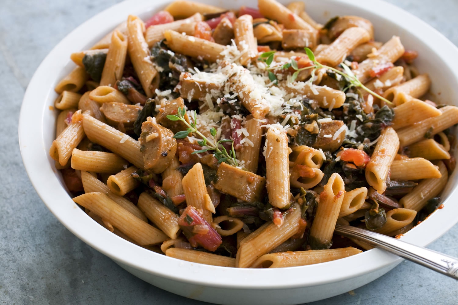 Whole-Wheat Penne With Spring Greens and Sausage