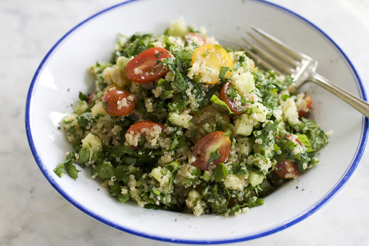 Quinoa adds tons of protein and calcium to tabbouleh, a delicious Middle Eastern salad.