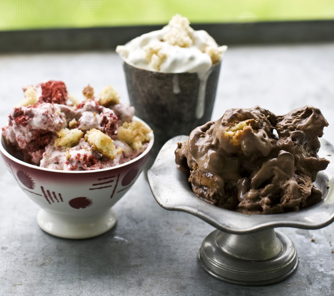 Clockwise from left: Snickerdoodle Red Velvet Cake Ice Cream, Quadruple Chocolate Eclair Ice Cream and Rice Krispie Treat Ice Cream