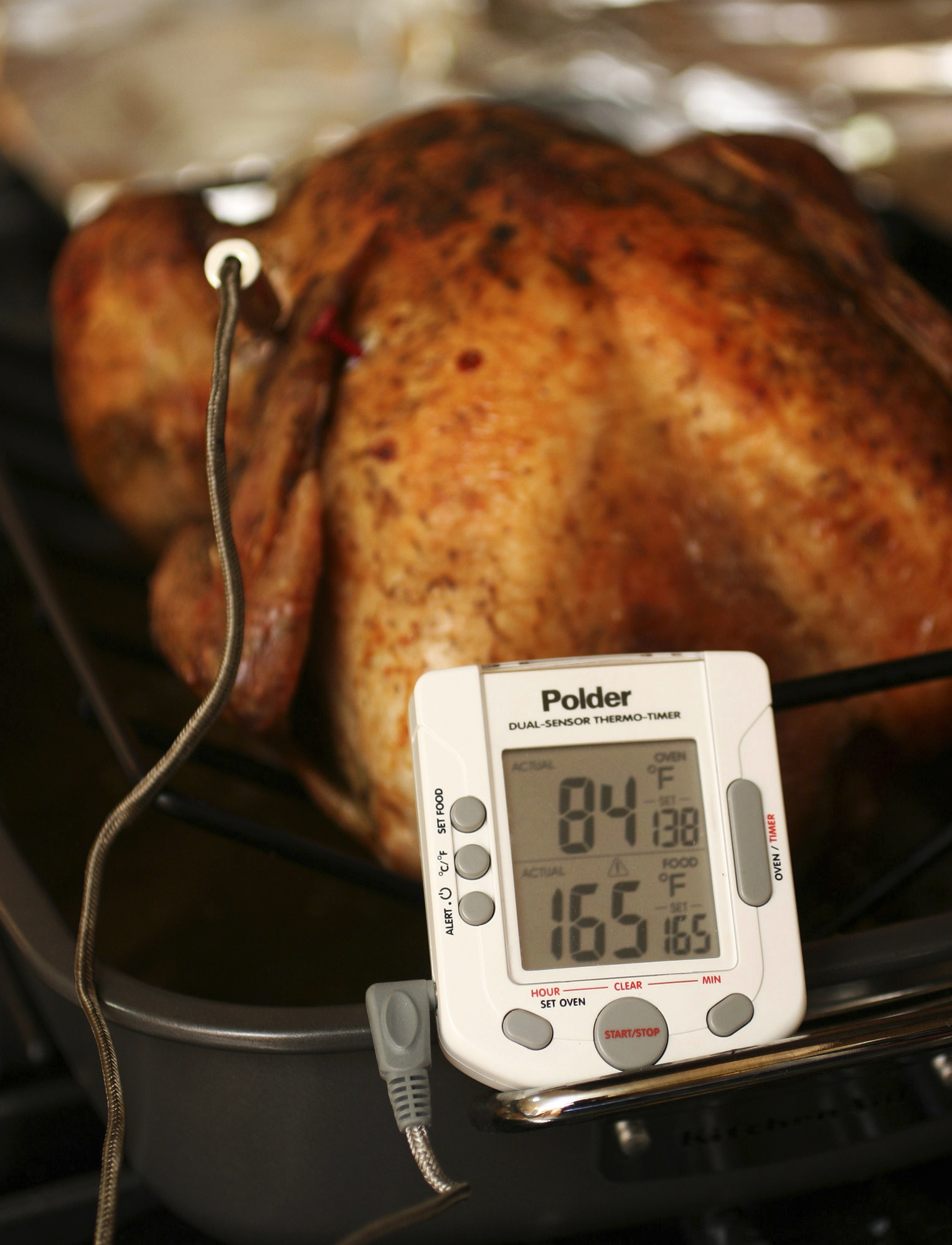 Federal guidelines state that your turkey is safe to eat when the innermost part of the thigh reaches 165 F. Some people say thigh meat tastes better at 170 F.