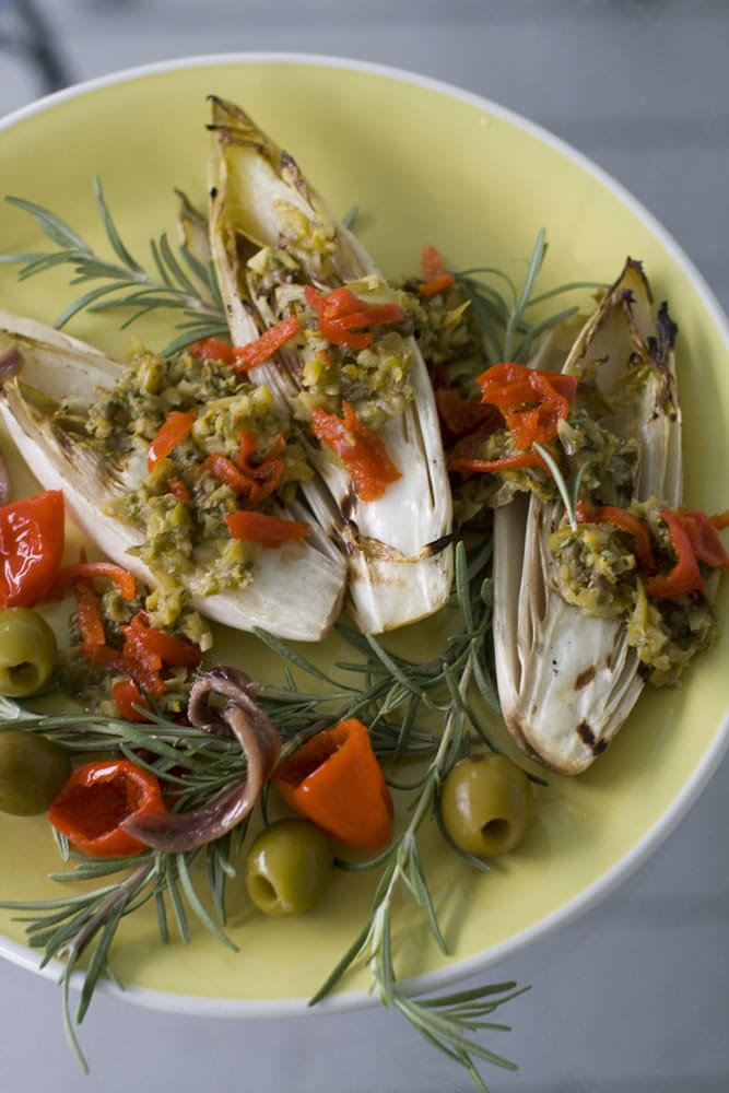 Orange Anchovy Tapenade over Grilled Endive.