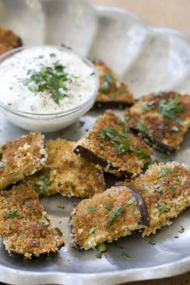 Fried Spiced Eggplant With Cucumber Garlic Sauce
