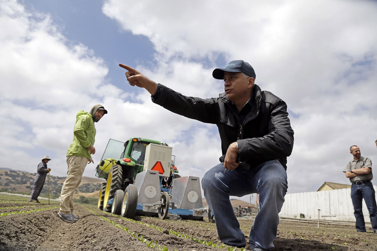 Jorge Heraud, CEO of Blue River Technology, center, explains how the lettuce bot works as software engineer Willy Pell, in green, watches in Salinas, Calif., on May 23.