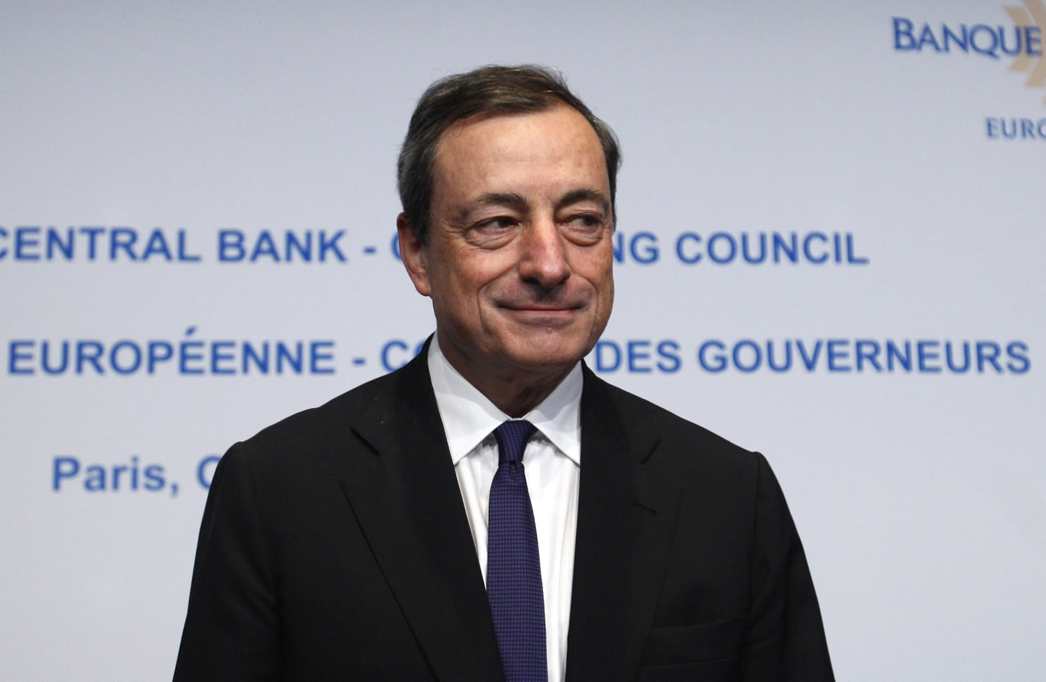 President of the European Central Bank Mario Draghi attends a news conference of the European Central Bank at the French National Bank in Paris on Wednesday.