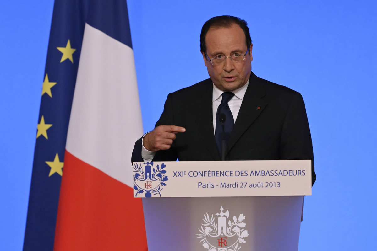French President Francois Hollande delivers a speech during a conference with France's ambassadors at the Elysee Palace in Paris on Tuesday.