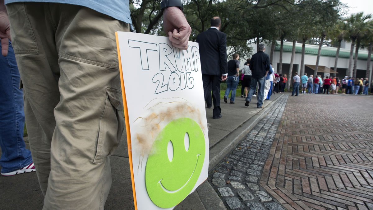 Waiting in line with his home made sign, a Donald Trump supporter joins hundreds of others during a campaign stop for the Republican presidential candidate in Hilton Head Island, S.C., on Wednesday. (AP Photo/Stephen B.