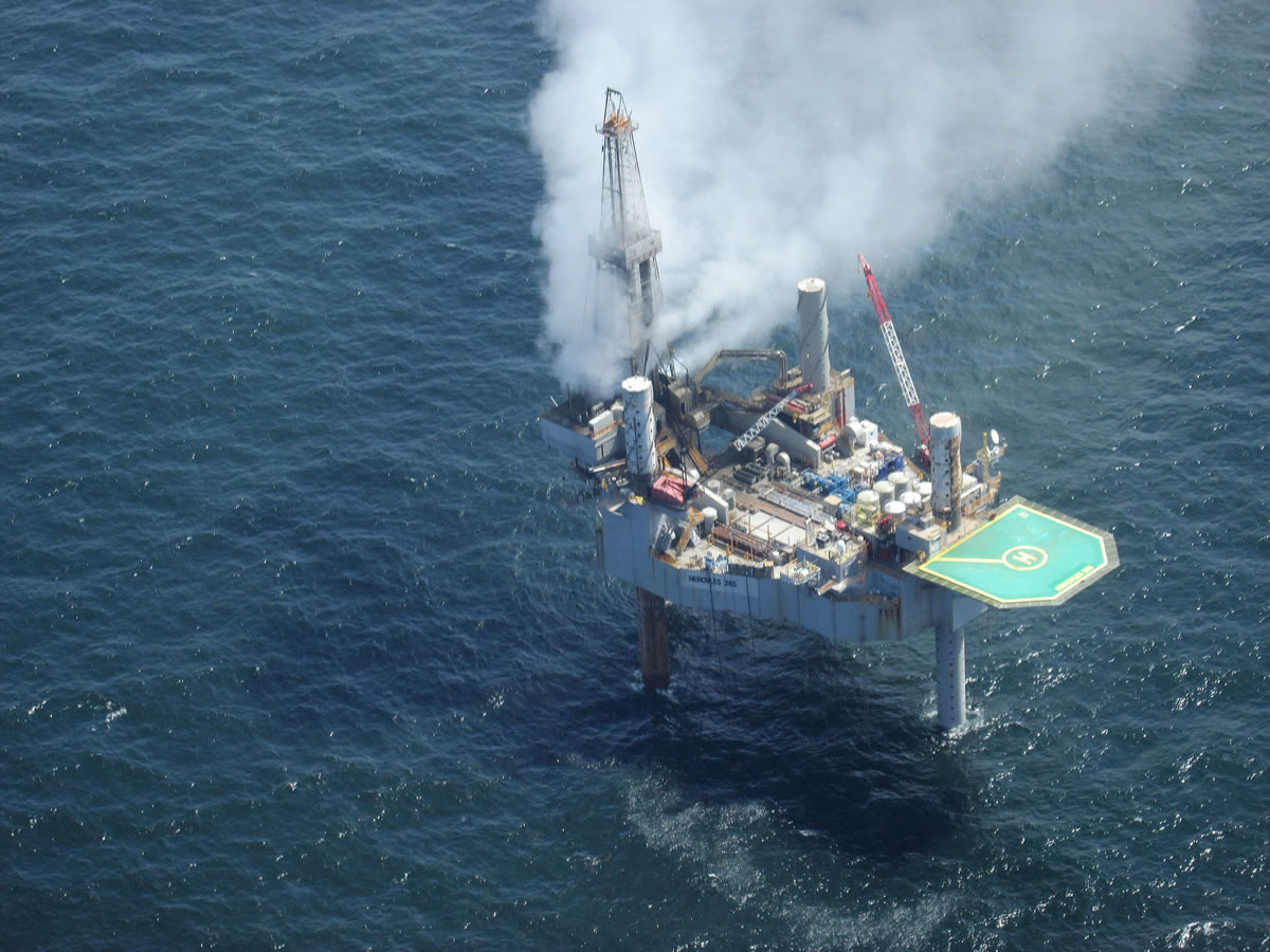 Natural gas spews from the Hercules 265 drilling rig in the Gulf of Mexico off the coast of Louisiana on Tuesday.