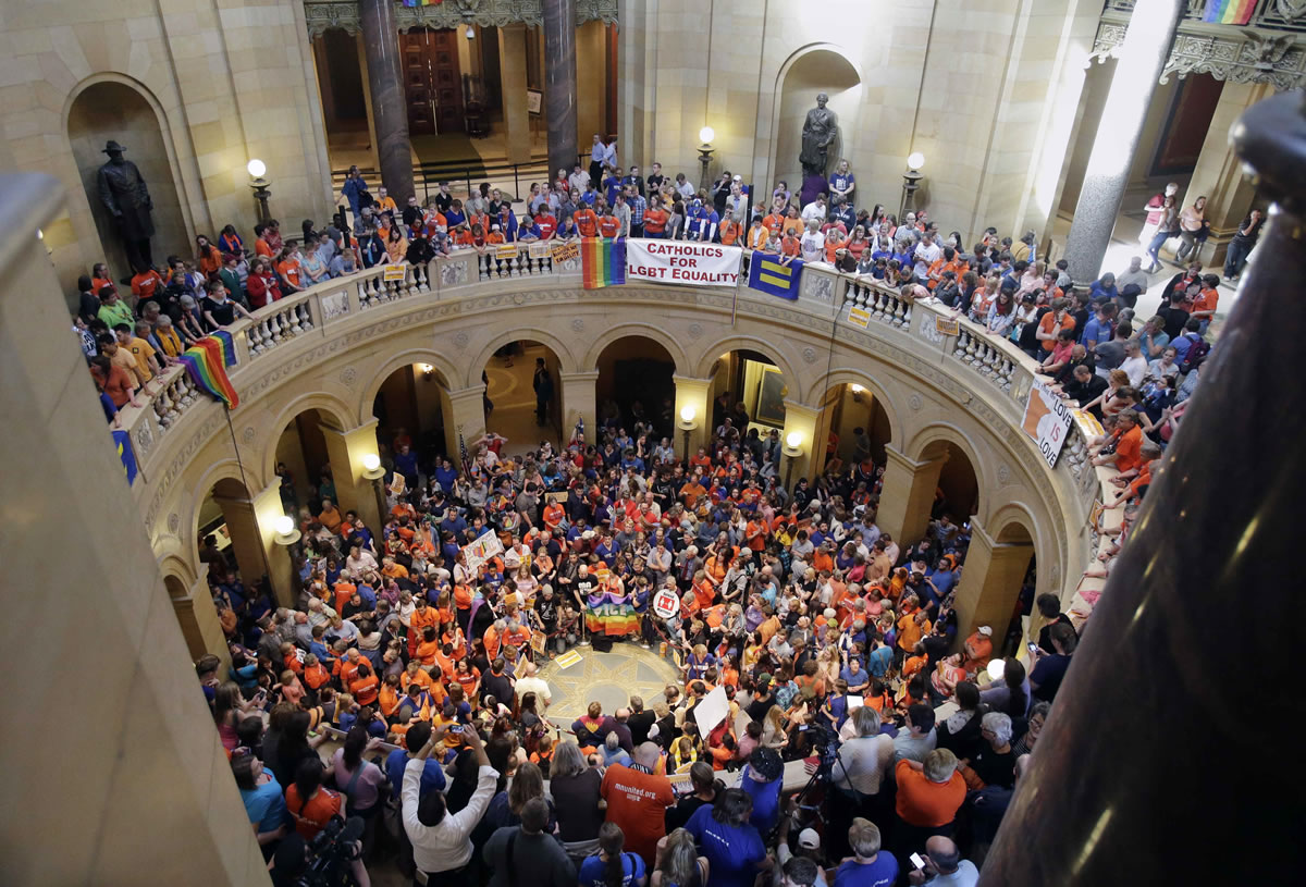 Thousands filled the Minnesota State Capitol as they waited for word that the Senate had passed the gay marriage bill Monday in St. Paul, Minn.