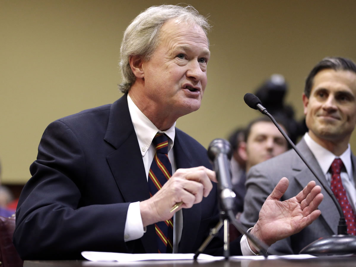 Rhode Island Gov. Lincoln Chafee testifies in support of same-sex marriage before the House Judiciary Committee at the Statehouse in Providence, R.I., in January. Following months of review and debate, the Rhode Island state Senate is set to vote on gay marriage legislation Wednesday afternoon.