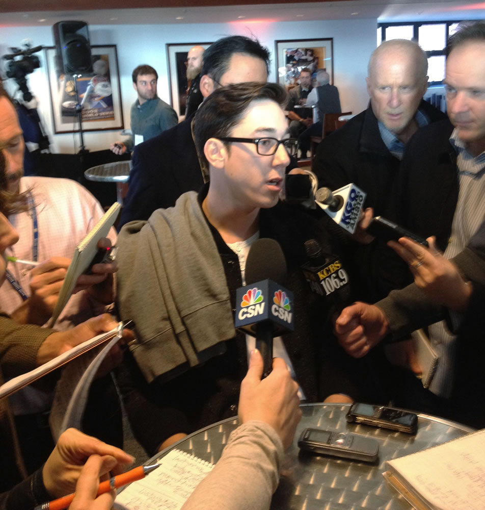 San Francisco Giants pitcher Tim Lincecum talks to reporters on Friday.