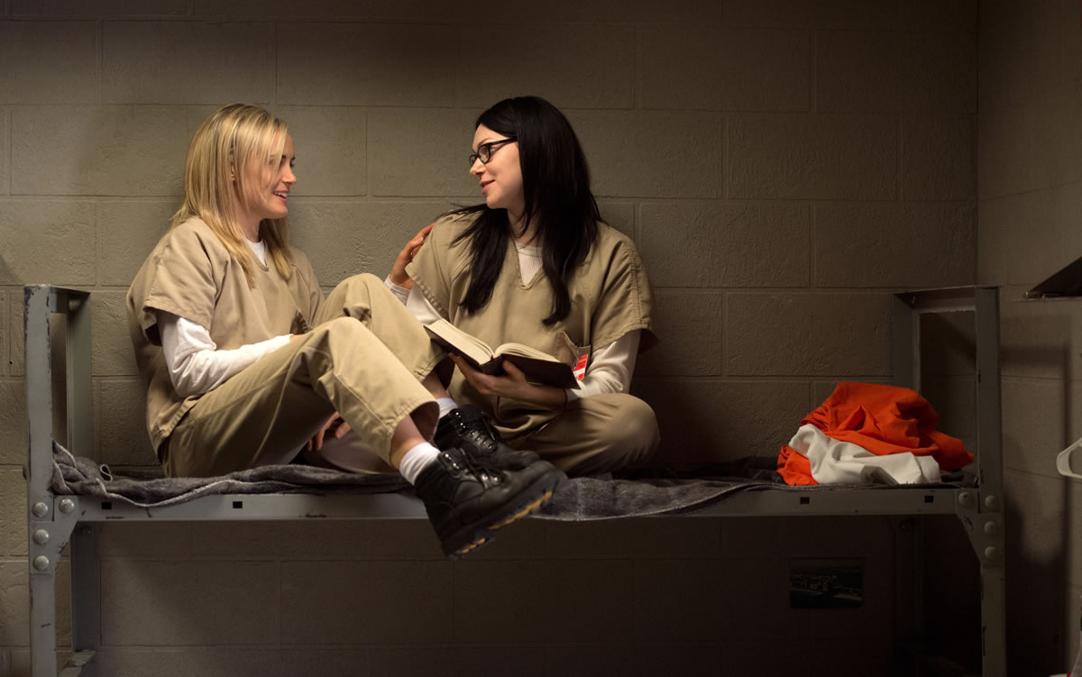 In this file image released by Netflix, Taylor Schilling, left, and Laura Prepon appear in a scene from the Netflix original series, "Orange is the New Black." The series was nominated for a Golden Globe award for best television comedy on Thursday. The 73rd Annual Golden Globes will be held on Jan. 10.