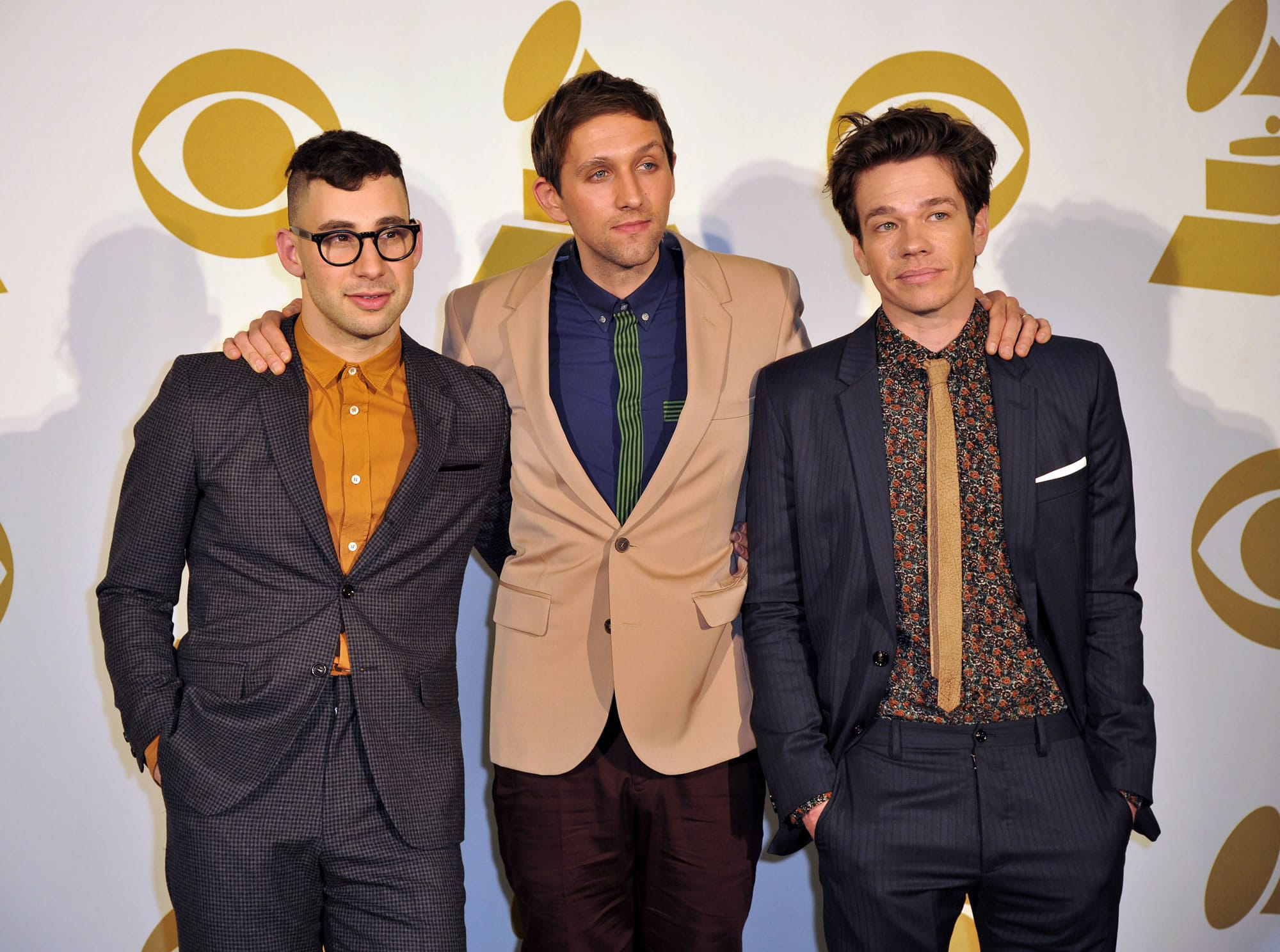 FILE - In this Dec. 5, 2012 file photo, the band fun., from left, Jack Antonoff, Andrew Dost and Nate Ruess pose for a photo backstage at the Grammy Nominations Concert Live! at Bridgestone Arena, in Nashville, Tenn. The band is up for six Grammy Awards, including the top four categories: album, song and record of the year, and best new artist. Their current tour wraps in Nashville, Tenn., on Feb. 16, 2013.